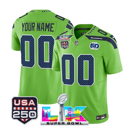 Youth Seattle Seahawks Custom Green Super Bowl LX Patch 50th Season & USA 250' Patch Vapor F.U.S.E. Limited Jersey