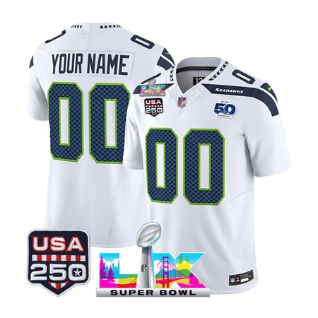 Youth Seattle Seahawks Custom White Super Bowl LX Patch 50th Season & USA 250' Patch Vapor F.U.S.E. Limited Jersey