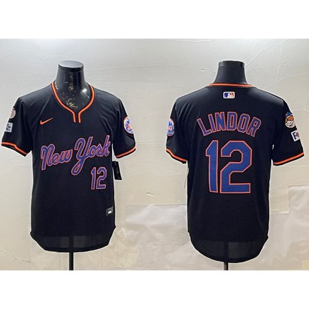 Men's New York Mets #12 Francisco Lindor Black 2025 Spring Training Stitched Baseball Jersey