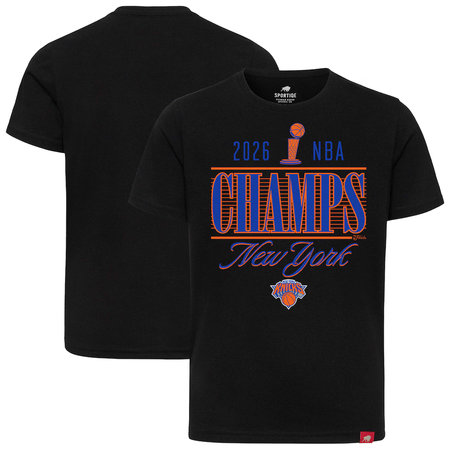 Men's New York Knicks Sportiqe Black 2026 NBA Finals Champions Trophy Skyline T-Shirt