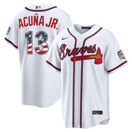 Men's Atlanta Braves #13 Ronald Acuna Jr. Nike White USA 250 Fourth of July Home Stadium Jersey