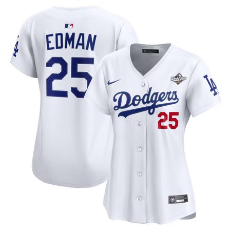 Women's Los Angeles Dodgers #25 Tommy Edman Nike White 2025 World Series Home Limited Jersey